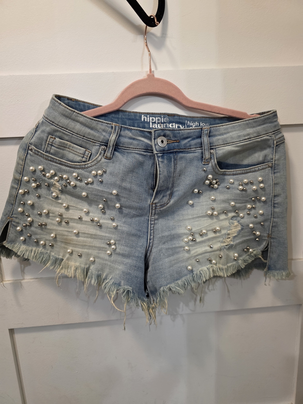 Hippie Laundry Light Blue Pearl-Embellished Denim Shorts